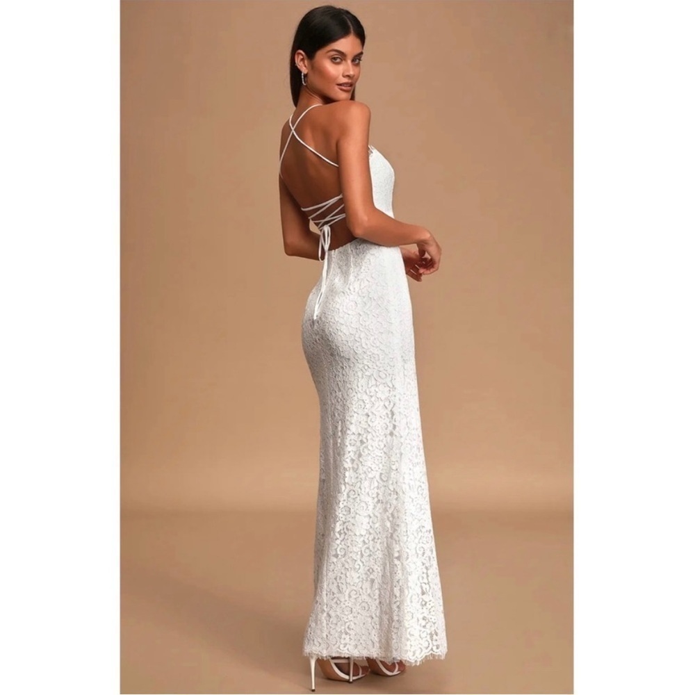 NWT Lulu’s Infinite Love Story Lace Tie Back Maxi Lace Up White Wedding Bride